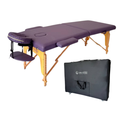 Masă de masaj portabilă, (dimensiuni 185 x 65 cm/lemn) Violet ,Husa Transport cu roți.
